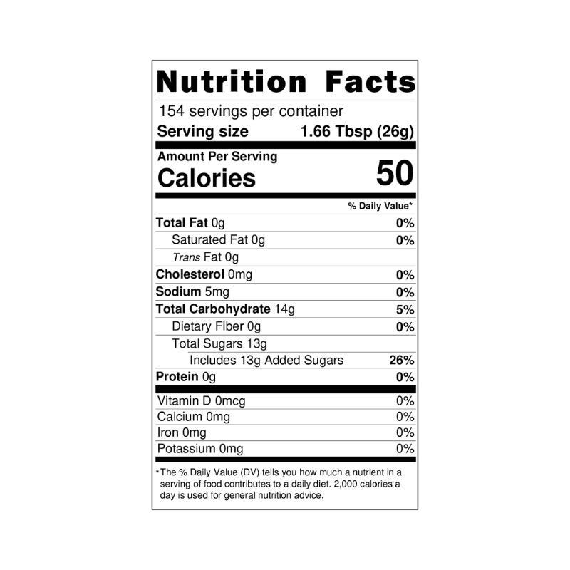 Nutrition label for Hypothermias gallon-sized 100% pure cane sugar syrup, crafted in small batches using non-GMO ingredients by a family-owned company in Tucson, Arizona, and bottled in recyclable BPA-free plastic containers.
