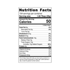 Nutrition label for Hypothermias gallon-sized 100% pure cane sugar syrup, crafted in small batches using non-GMO ingredients by a family-owned company in Tucson, Arizona, and bottled in recyclable BPA-free plastic containers.