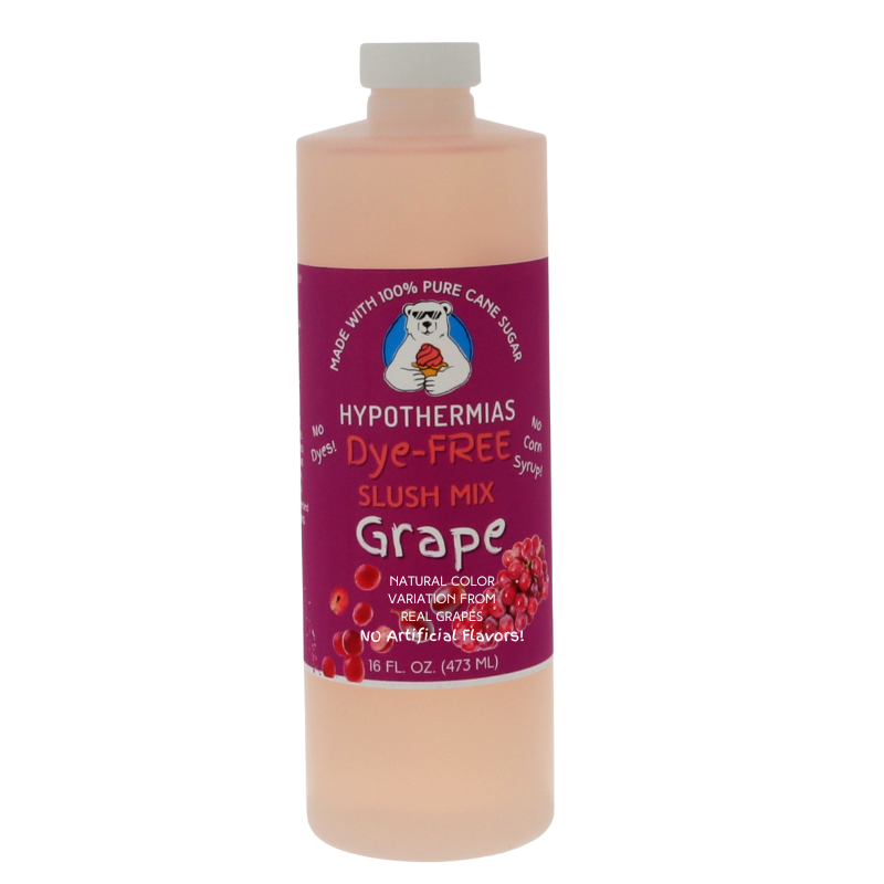 Picture of a BPA-free plastic bottle of Hypothermias Grape Dye-FREE Slush Syrup on a white background. The label features clusters of purple grapes against a purple background. A dye-free slush mix made with non-GMO 100% pure cane sugar and all natural flavors—no artificial flavors added. This syrup has a naturally occurring color variation from real grapes. A refreshing slushie flavor syrup and frozen treat syrup, small-batch crafted in Tucson, Arizona, USA.