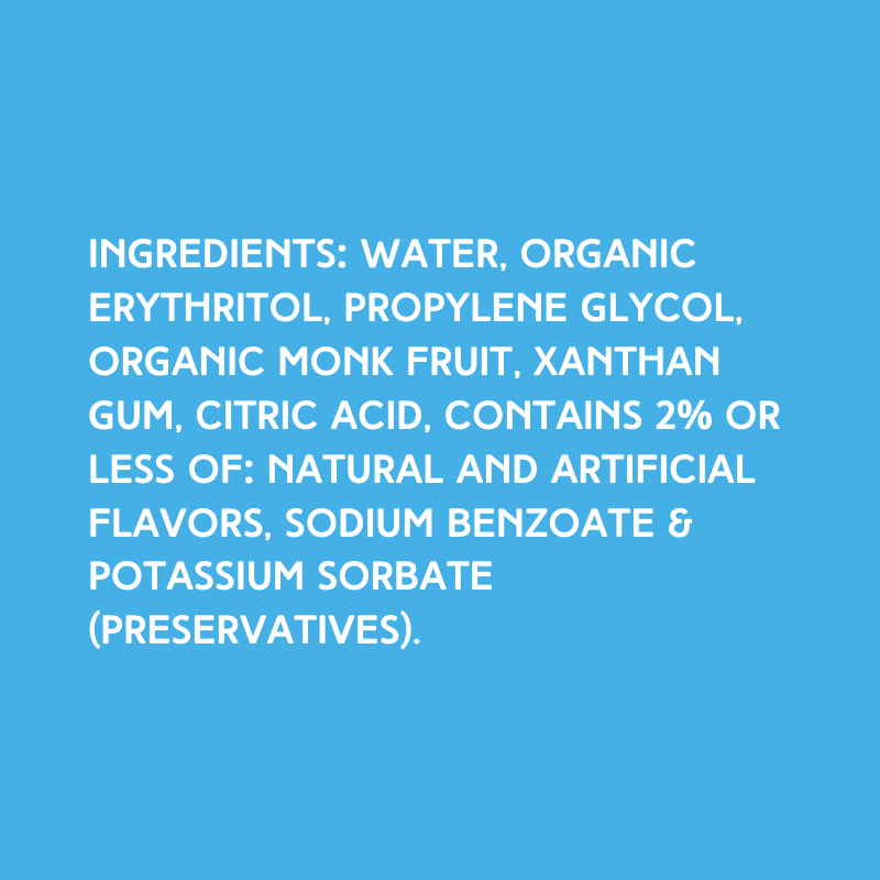 Ingredients for Grape SUGAR FREE | Dye-FREE Shaved Ice & Snow Cone Syrup on a vibrant sky blue background. INGREDIENTS: WATER, ORGANIC ERYTHRITOL, PROPYLENE GLYCOL, ORGANIC MONK FRUIT, XANTHAN GUM, CITRIC ACID, CONTAINS 2% OR LESS OF: NATURAL AND ARTIFICIAL FLAVORS, SODIUM BENZOATE & POTASSIUM SORBATE (PRESERVATIVES).