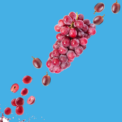 Fresh purple grapes on a vibrant sky blue background representing Grape SUGAR FREE | Dye-FREE Shaved Ice & Snow Cone Syrup. Bold nostalgic grape soda flavor, FREE & Clear, zero net carbs, keto-friendly with monk fruit & erythritol.