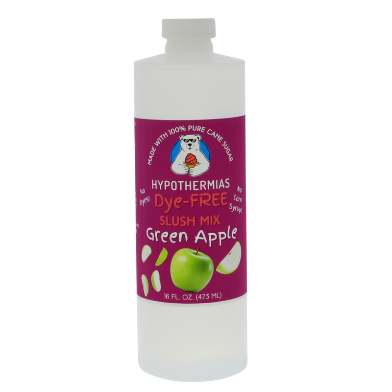 Picture of a BPA-free plastic bottle of Hypothermias Green Apple Dye-FREE Slush Syrup on a white background. The label features crisp green apples against a purple background. A clear, dye-free slushie syrup made with non-GMO 100% pure cane sugar. A tart and refreshing frozen drink mix crafted in small batches in Tucson, Arizona, USA.