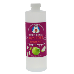 Picture of a BPA-free plastic bottle of Hypothermias Green Apple Dye-FREE Slush Syrup on a white background. The label features crisp green apples against a purple background. A clear, dye-free slushie syrup made with non-GMO 100% pure cane sugar. A tart and refreshing frozen drink mix crafted in small batches in Tucson, Arizona, USA.