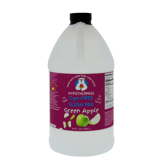 A BPA-free plastic half-gallon bottle of Hypothermias Dye-FREE Green Apple Slush Syrup with a vibrant purple label featuring green apples, photographed on a white background. This clear, artisan frozen drink syrup is made in Tucson, Arizona, with non-GMO 100% pure cane sugar. Free of dyes and high fructose corn syrup, it provides crisp green apple flavor for slushie and frozen drink machines.