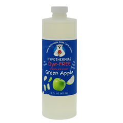 A pint of Hypothermias Dye-FREE Green Apple Shaved Ice & Snow Cone Syrup in a BPA-free plastic bottle on a white background, featuring a dark blue label with an image of crisp green apples representing the flavor. The syrup is clear with no dyes and made from non-GMO 100% pure cane sugar by a family-run small business in Tucson, Arizona, USA — a UNESCO City of Gastronomy.