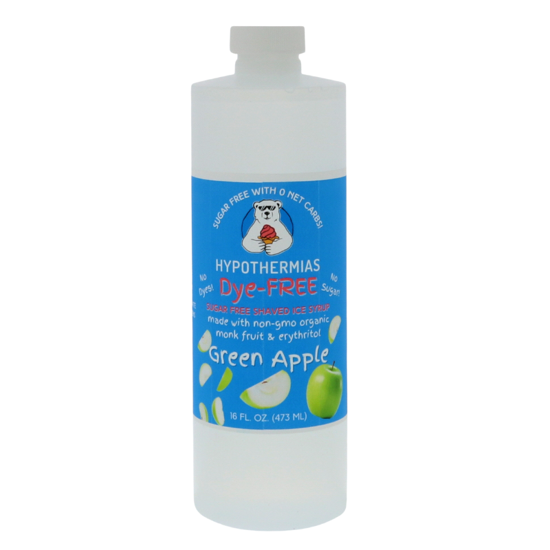 A pint of Hypothermias Sugar-Free & Dye-Free Green Apple Shaved Ice and Snow Cone Syrup in a BPA-free plastic bottle on a bright white background, featuring an azure blue label with green apples symbolizing the flavor. This clear, sugar-free shaved ice syrup is made with organic and non-GMO monk fruit and erythritol for a crisp, naturally sweet apple flavor without dyes or added sugars.