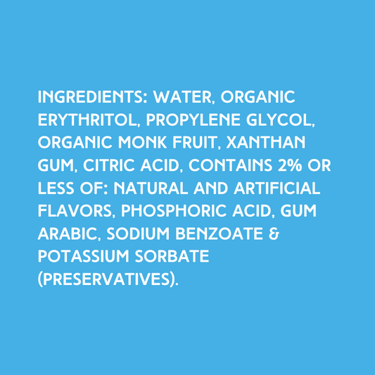 Ingredients for Green Apple SUGAR FREE | Dye-FREE Shaved Ice & Snow Cone Syrup on a vibrant sky blue background. INGREDIENTS: WATER, ORGANIC ERYTHRITOL, PROPYLENE GLYCOL, ORGANIC MONK FRUIT, XANTHAN GUM, CITRIC ACID, CONTAINS 2% OR LESS OF: NATURAL AND ARTIFICIAL FLAVORS, PHOSPHORIC ACID, GUM ARABIC, SODIUM BENZOATE & POTASSIUM SORBATE (PRESERVATIVES).