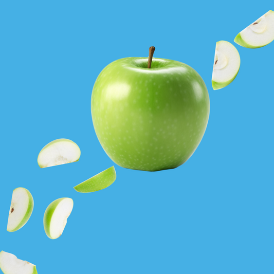 Crisp green apples on a vibrant sky blue background representing Green Apple SUGAR FREE | Dye-FREE Shaved Ice & Snow Cone Syrup. Tart refreshing apple flavor, FREE & Clear, sugar free, zero net carbs, keto-friendly with monk fruit & erythritol.