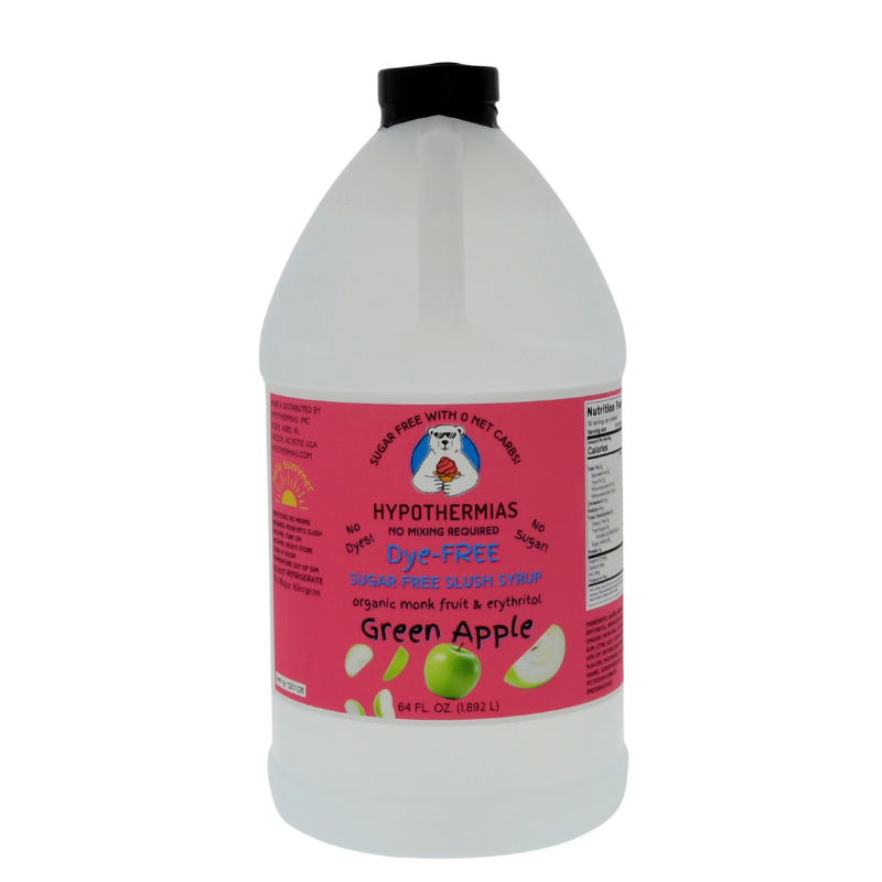 A half-gallon bottle of Hypothermias Sugar-Free & Dye-Free Green Apple Slush Syrup with a pink label featuring crisp green apples, photographed on a white background. Crafted in small batches with organic monk fruit and erythritol for a tart, sugar-free frozen drink.