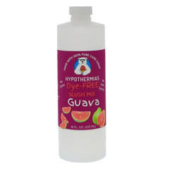 Picture of a BPA-free plastic bottle of Hypothermias Guava Dye-FREE Slush Syrup on a white background. The label features fresh guava slices against a purple background. A clear, dye-free slushy mix made with non-GMO 100% pure cane sugar. A gourmet frozen drink syrup and premium beverage mix crafted in small batches in Tucson, Arizona, USA.