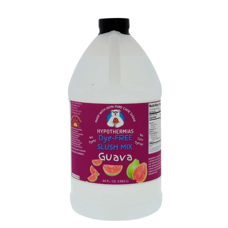 A BPA-free plastic half-gallon bottle of Hypothermias Dye-FREE Guava Slush Syrup with a vibrant purple label showing tropical guava fruit, photographed on a clean white background. This clear, small-batch gourmet syrup is made in Tucson, Arizona, using non-GMO 100% pure cane sugar and no high fructose corn syrup. Offers bright, tropical guava flavor for frozen drink and slushie machines.