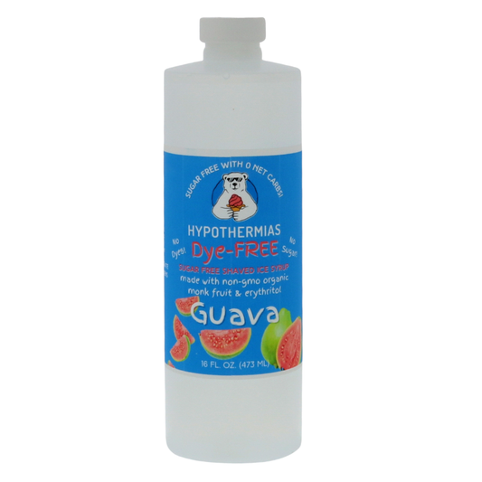 A pint of Hypothermias Sugar-Free & Dye-Free Guava Shaved Ice and Snow Cone Syrup in a BPA-free plastic bottle on a bright white background, featuring an azure blue label with guava fruit imagery. This clear, sugar-free syrup is made with organic and non-GMO monk fruit and erythritol for a tropical, naturally sweet flavor without dyes or added sugars.
