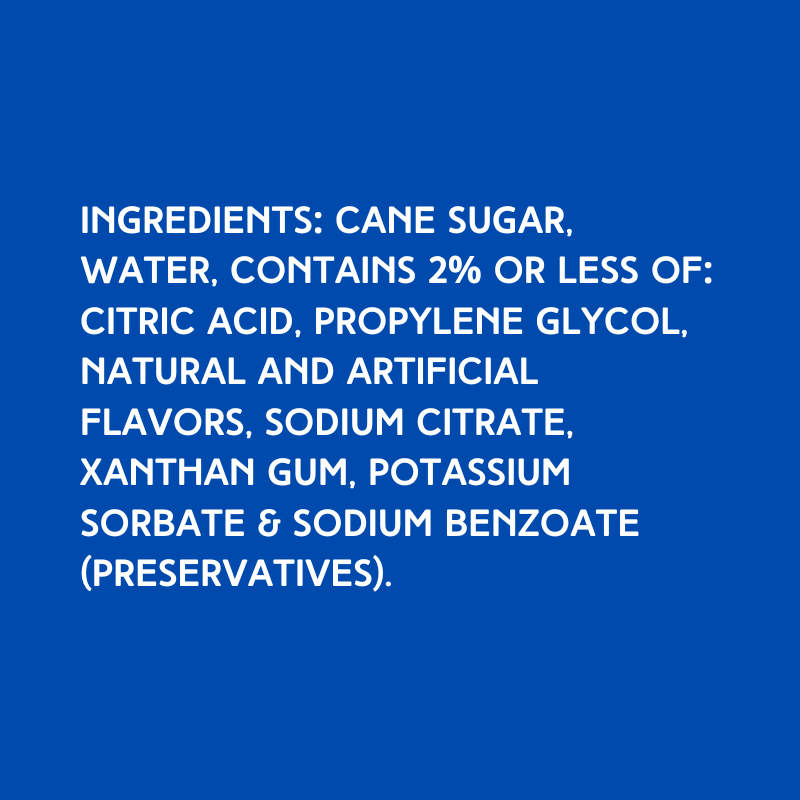 Ingredients for Hypothermias Dye-FREE Guava Shaved Ice Syrup made with cane sugar and no artificial dyes or high-fructose corn syrup.