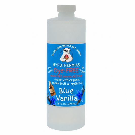Hypothermias Blue Vanilla sugar-free, dye-free shaved ice and snow cone syrup in a 16 oz bottle.