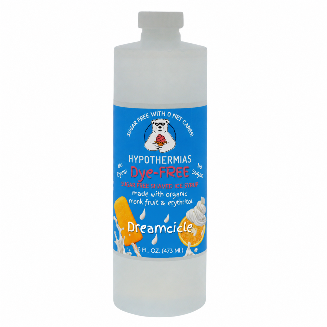 Hypothermias Dreamcicle sugar-free, dye-free shaved ice and snow cone syrup in a 16 oz bottle.
