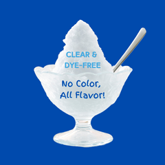 Clear shaved ice topped with Hypothermias Dye-FREE clear syrup with text "CLEAR & Dye-FREE. No Color, All Flavor!" promoting dye-free snow cone syrup.