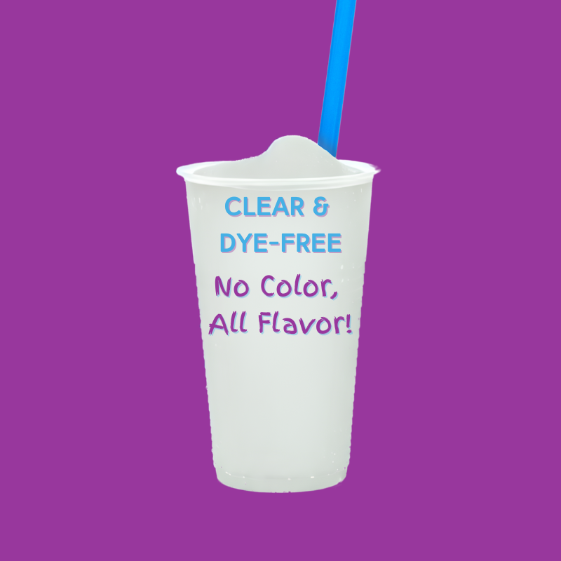 Clear or white color slushie representing Hypothermias Dye-FREE Slush Syrup, made with non-GMO 100% pure cane sugar or sugar free with non-GMO organic monk fruit and erythritol. No artificial dyes or corn syrup.