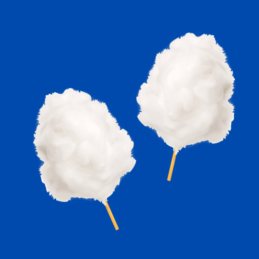 Fluffy cotton candy representing Hypothermias Dye-FREE Cotton Candy Shaved Ice Syrup, made with non-GMO 100% pure cane sugar and no artificial colors.