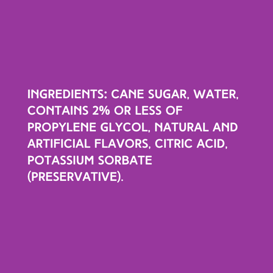 Ingredients of Hypothermias Dye-FREE Cotton Candy Slush Syrup, a clear syrup made with pure cane sugar, no corn syrup, and no artificial dyes.