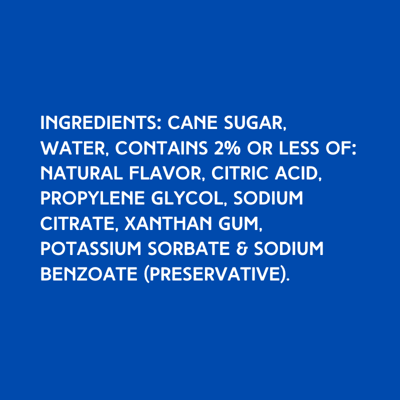 Ingredients of Hypothermias Dye-FREE Mango Shaved Ice Syrup, a clear syrup made with pure cane sugar, no corn syrup, and no artificial dyes.