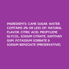 Ingredients of Hypothermias Dye-FREE Mango Slush Syrup, a clear syrup made with pure cane sugar, no corn syrup, and no artificial dyes.