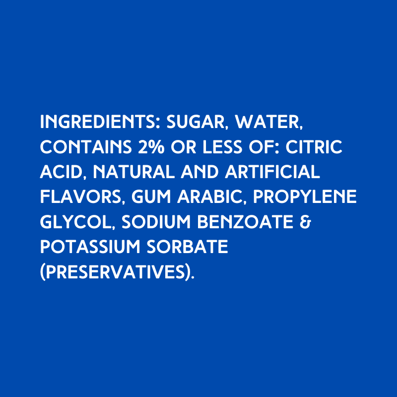 Ingredients of Hypothermias Dye-FREE Papaya Shaved Ice Syrup, a clear syrup made with 100% pure cane sugar, no high-fructose corn syrup, and no dyes.