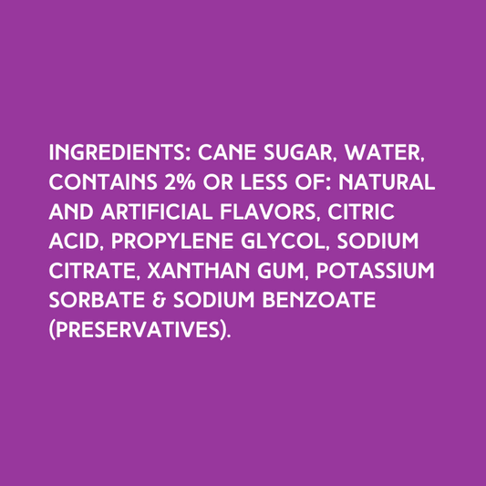 Complete ingredient breakdown of Hypothermias Dye-FREE Slush Syrup Concentrate Mix, featuring non-GMO 100% pure cane sugar and no added dyes or corn syrup.