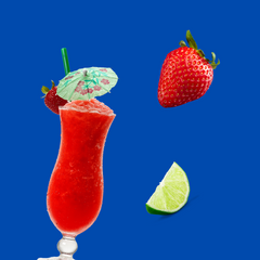 Strawberry daiquiri with fresh strawberry and lime representing Hypothermias Dye-FREE Strawberry Daiquiri Shaved Ice Syrup, made with non-GMO 100% pure cane sugar, no artificial colors, and no dyes.