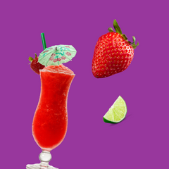 Fresh strawberries and a daiquiri representing Hypothermias Dye-FREE Strawberry Daiquiri Slush Syrup, made with non-GMO 100% pure cane sugar, no artificial colors and no dyes.