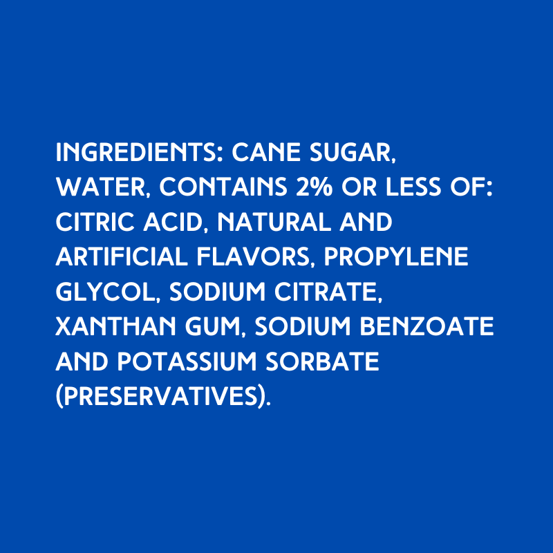 List of ingredients on a blue background used in Hypothermias Kiwi Dye-FREE Shaved Ice Syrup, clear with no dyes or artificial colors and made with non-gmo 100% pure cane sugar.