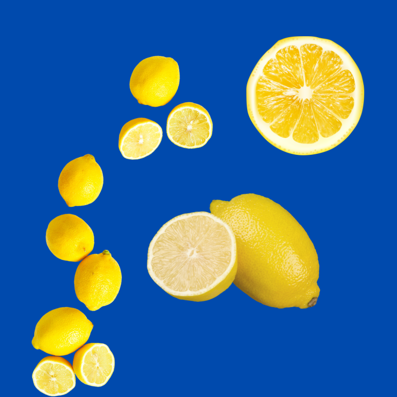 A group of lemons symbolizes Hypothermias Lemon Dye-Free Shaved Ice & Snow Cone Syrup, made with cane sugar and no artificial dyes or corn syrup for frozen treats.