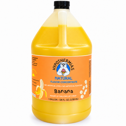 Hypothermias banana flavor concentrate with natural flavor and no artificial colors, 1-gallon bottle.