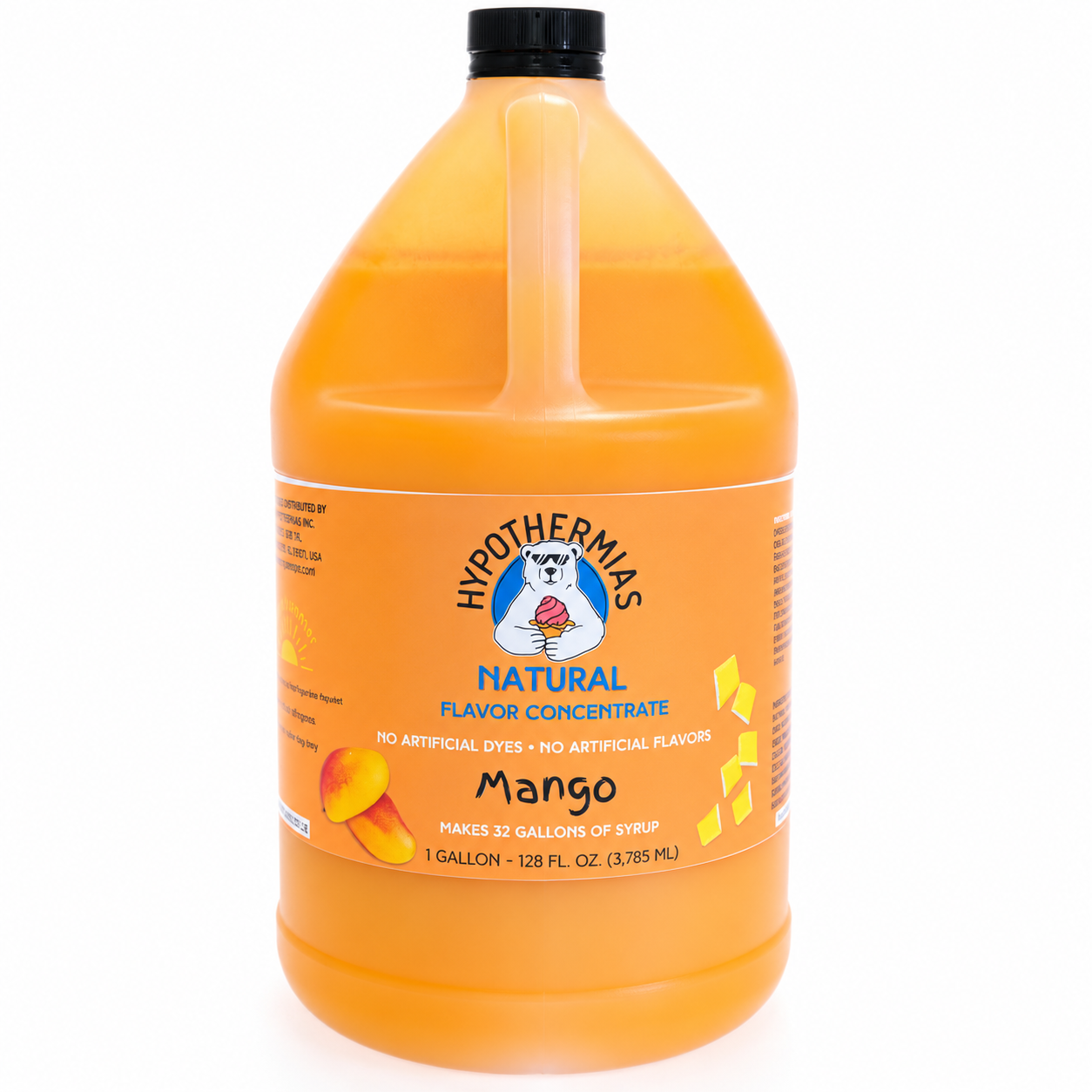 Hypothermias mango flavor concentrate with natural flavor and no artificial colors, 1-gallon bottle.