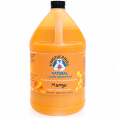 Hypothermias mango flavor concentrate with natural flavor and no artificial colors, 1-gallon bottle.