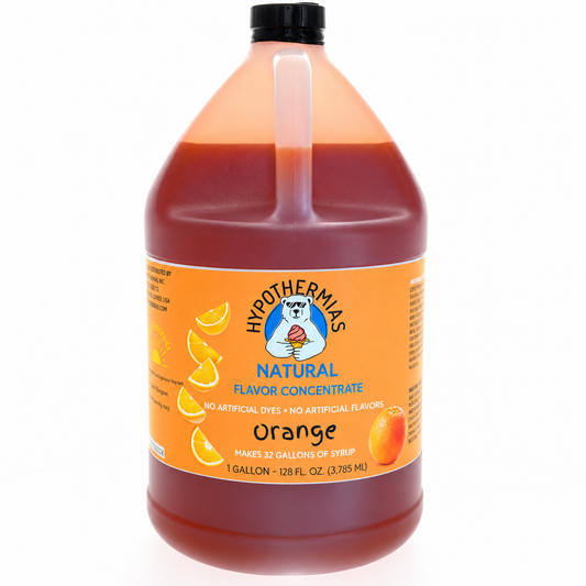 Hypothermias orange flavor concentrate with natural flavor and no artificial colors, 1-gallon bottle.