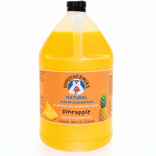 Hypothermias pineapple flavor concentrate with natural flavor and no artificial colors, 1-gallon bottle.