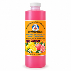 Hypothermias Natural Pink Lemon Sour Shaved Ice and Snow Cone Syrup, 16 fl oz ready-to-use bottle, made with 100% pure cane sugar, no artificial dyes or flavors.