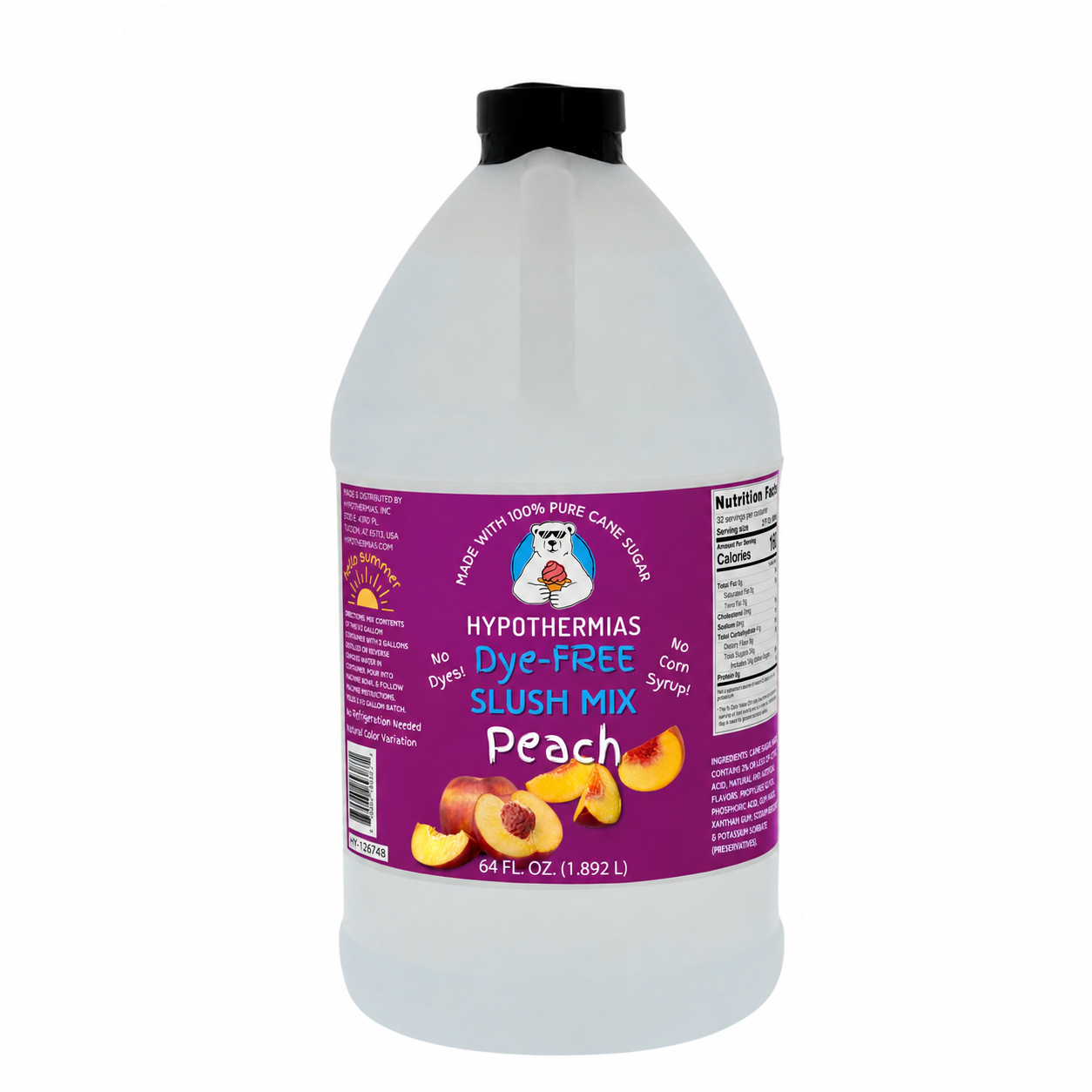 Hypothermias Peach dye-free slush syrup concentrate in a 64 Fl oz bottle.