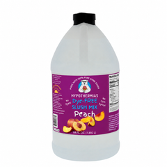 Hypothermias Peach dye-free slush syrup concentrate in a 64 Fl oz bottle.