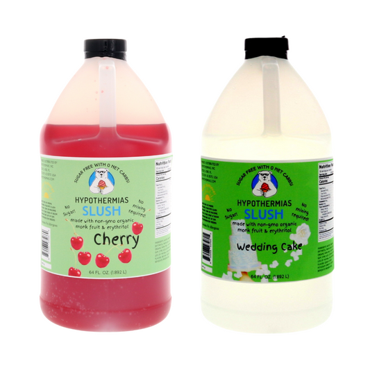 2 half gallon bottles of Hypothermias premium Sugar Free Slush Syrup Variety Pack on a white background. Pick 2 flavors in Classic Colors or Dye-FREE. Keto-friendly, low carb, organic monk fruit and erythritol  sweetened frozen drink syrup.