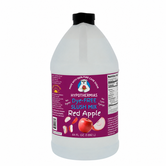 Hypothermias Red Apple dye-free slush syrup concentrate in a 64 Fl oz bottle.