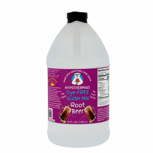 Hypothermias Root Beer dye-free slush syrup concentrate in a 64 Fl oz bottle.