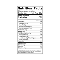 Nutrition label for a quart of Hypothermias simple syrup made from non-GMO 100% pure cane sugar, packaged in a recyclable BPA-free plastic bottle by a small, family-owned business.