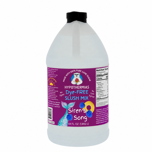 Hypothermias Siren's Song dye-free slush syrup concentrate in a 64 Fl oz bottle.