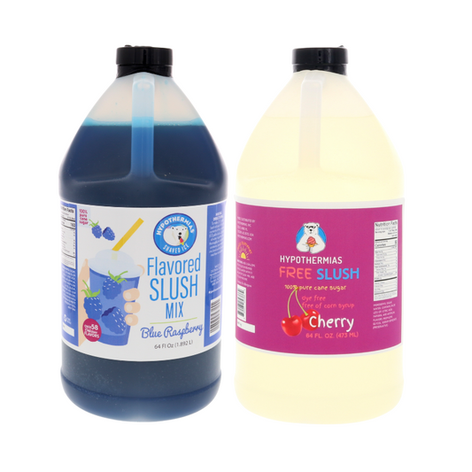 2 half gallon bottles of Hypothermias Pure Cane Sugar Slush Mix Concentrate Variety Pack on a white background. Premium gourmet slush syrup for slushie machines, shaved ice, frozen drinks, snow cones, and Dye-FREE flavors.
