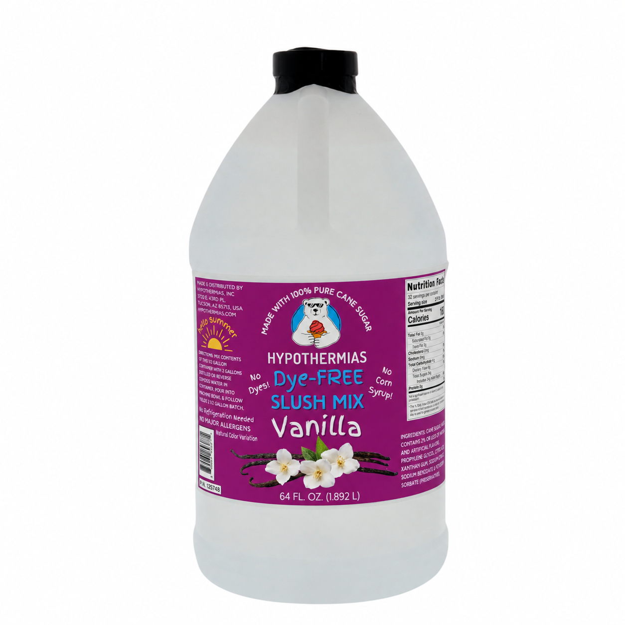 Hypothermias Vanilla dye-free slush syrup concentrate in a 64 Fl oz bottle.