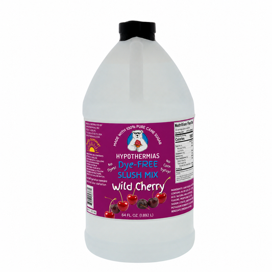Hypothermias Wild Cherry dye-free slush syrup concentrate in a 64 Fl oz bottle.