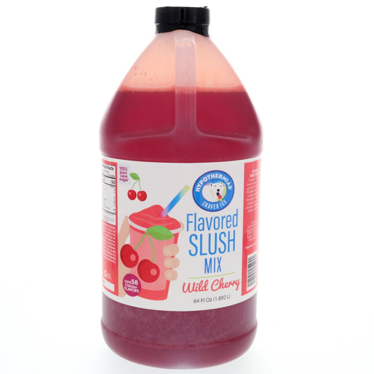 A deep red wild cherry slushie made with Hypothermias Wild Cherry Slush Syrup, crafted from non-GMO 100% pure cane sugar, perfect for slushie machines and frozen drinks.
