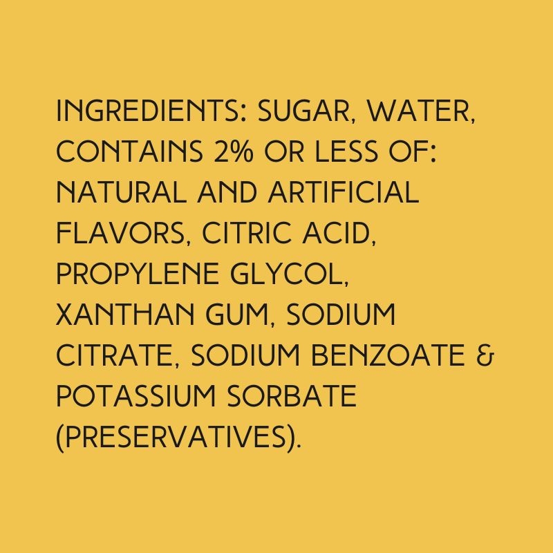 The ingredients for Wild Desert Banana Dye-FREE Coffee Syrup: sugar, water, contains 2% or less of: natural and artificial flavors, citric acid, propylene glycol, sodium citrate, sodium benzoate, potassium sorbate (preservatives).