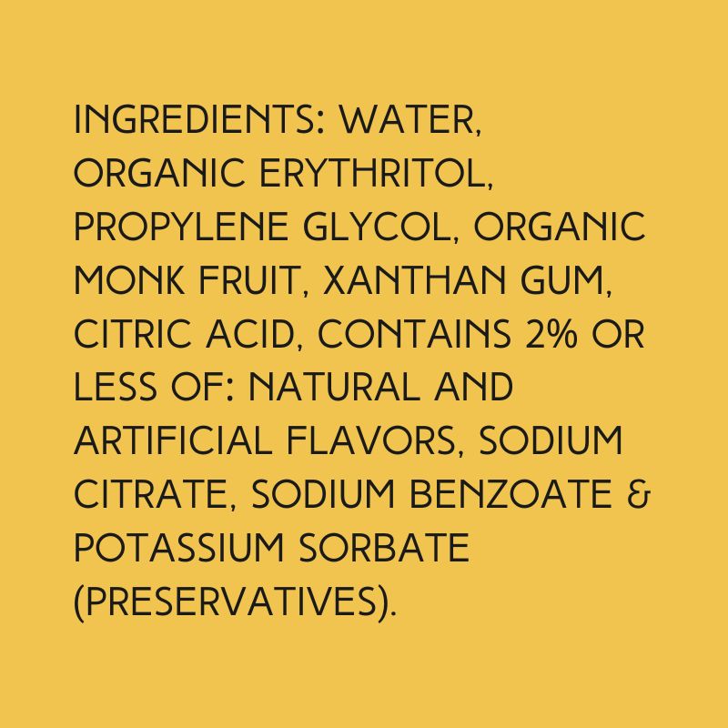 Ingredients for Wild Desert Sugar Free Dye-Free Syrup Coconut Flavor, including organic monk fruit and organic non-GMO erythritol.